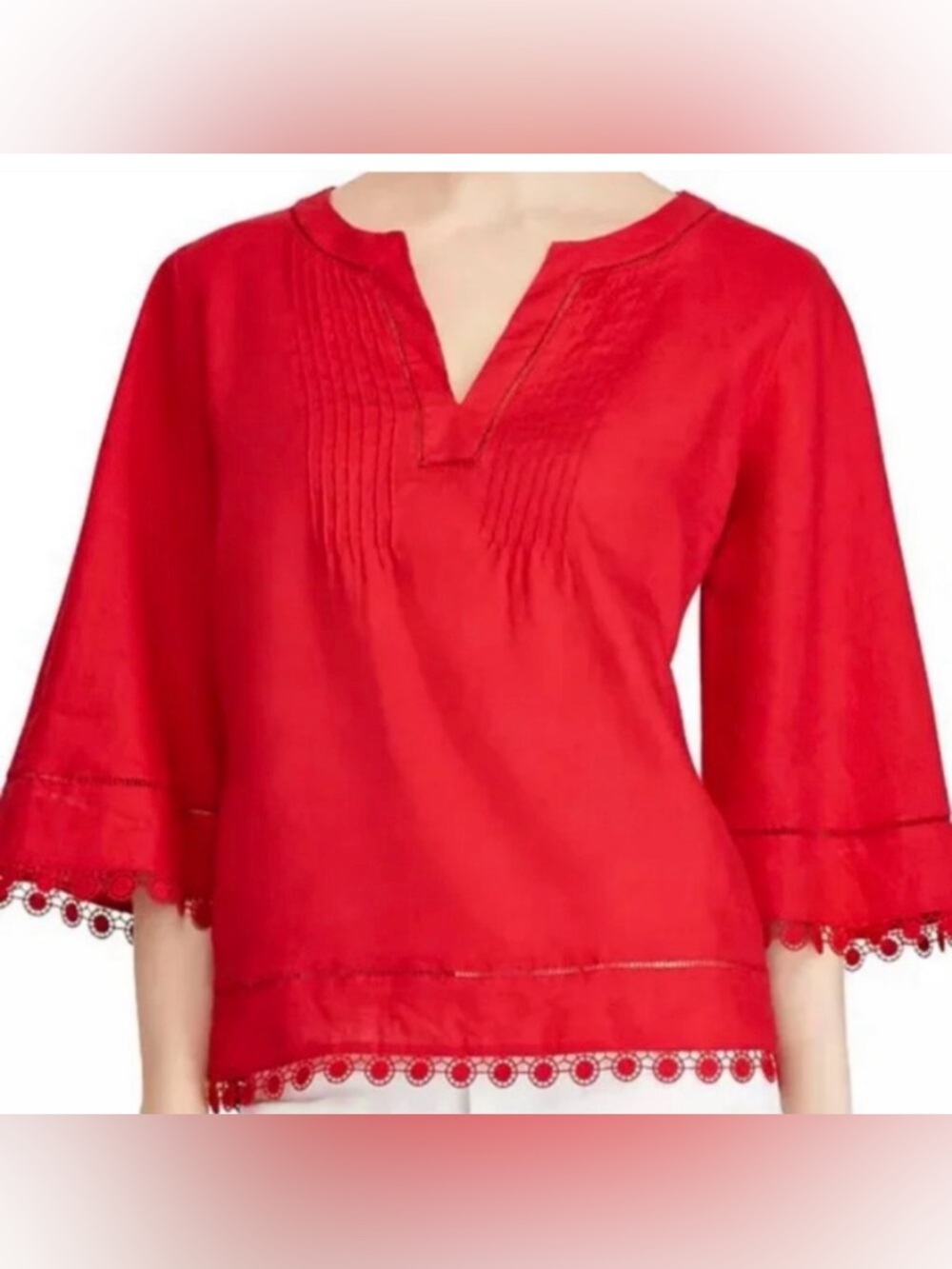 Lauren Ralph Lauren 100% Linen Red Eyelet-Hem Pintuck Peasant Blouse M